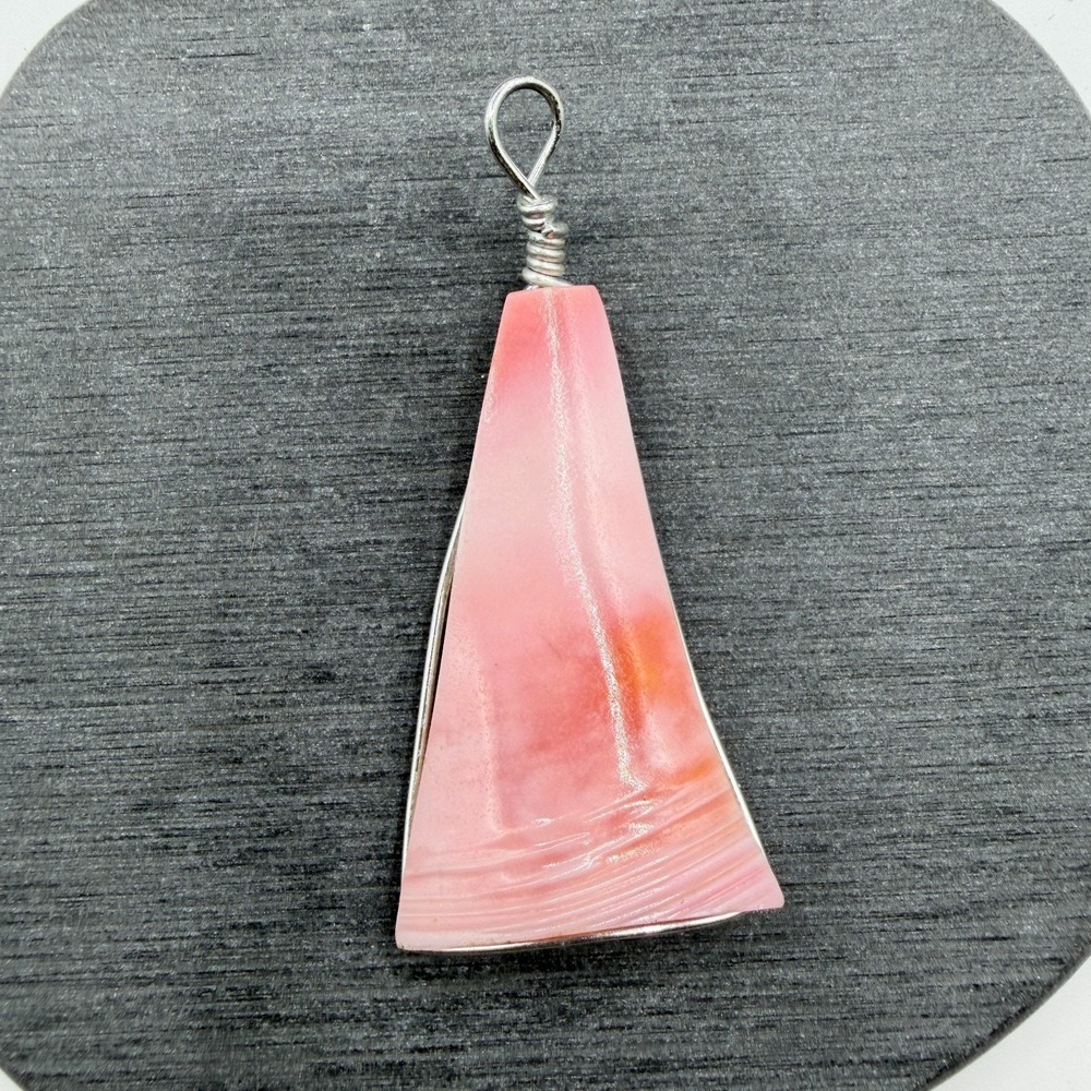 Pink Shell Pendant Silver Tone Wire Wrapped Artisan Geometric Statement Jewelry